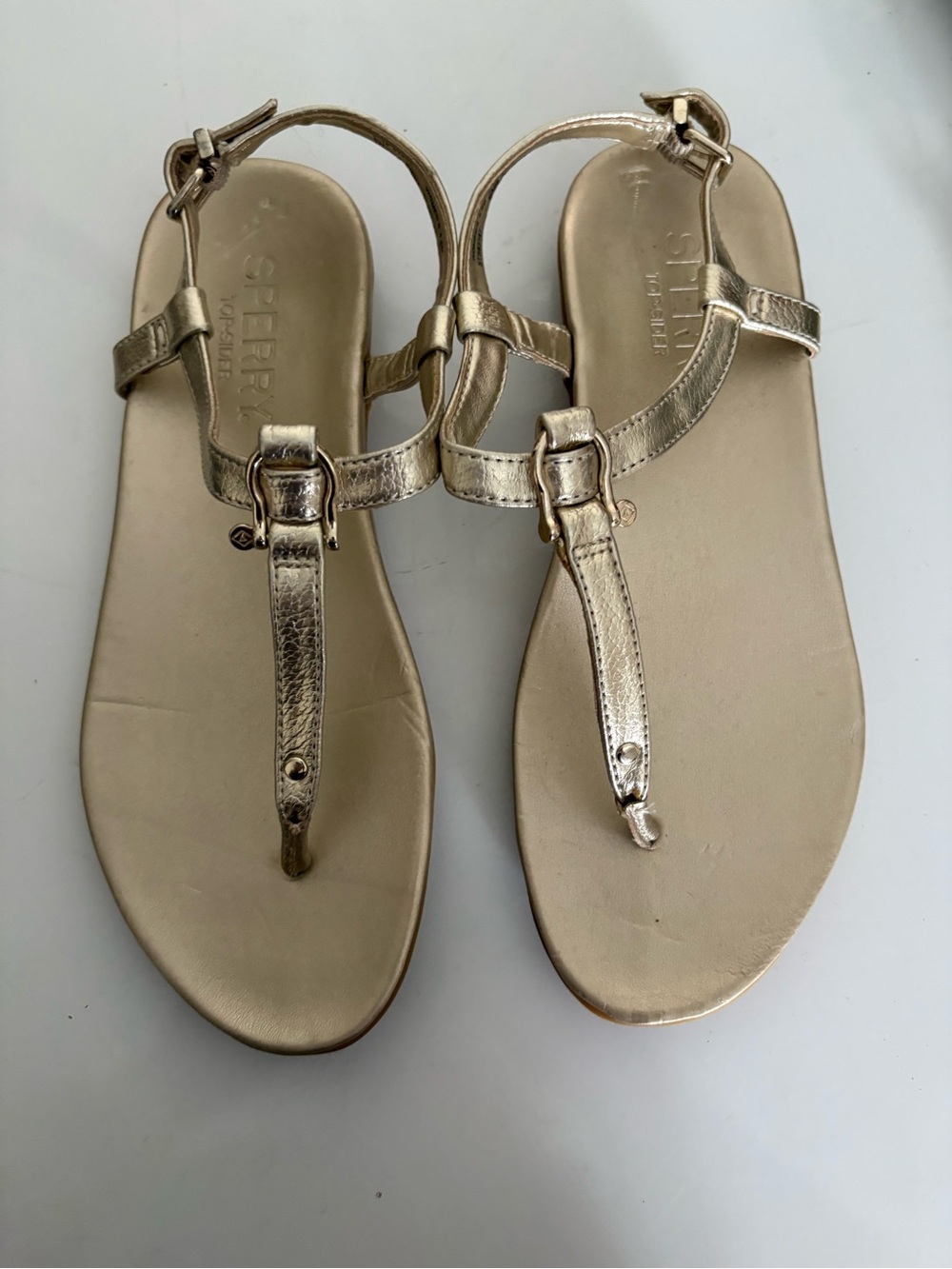 Sperry Metallic Gold T-Strap Sandals with Buckle